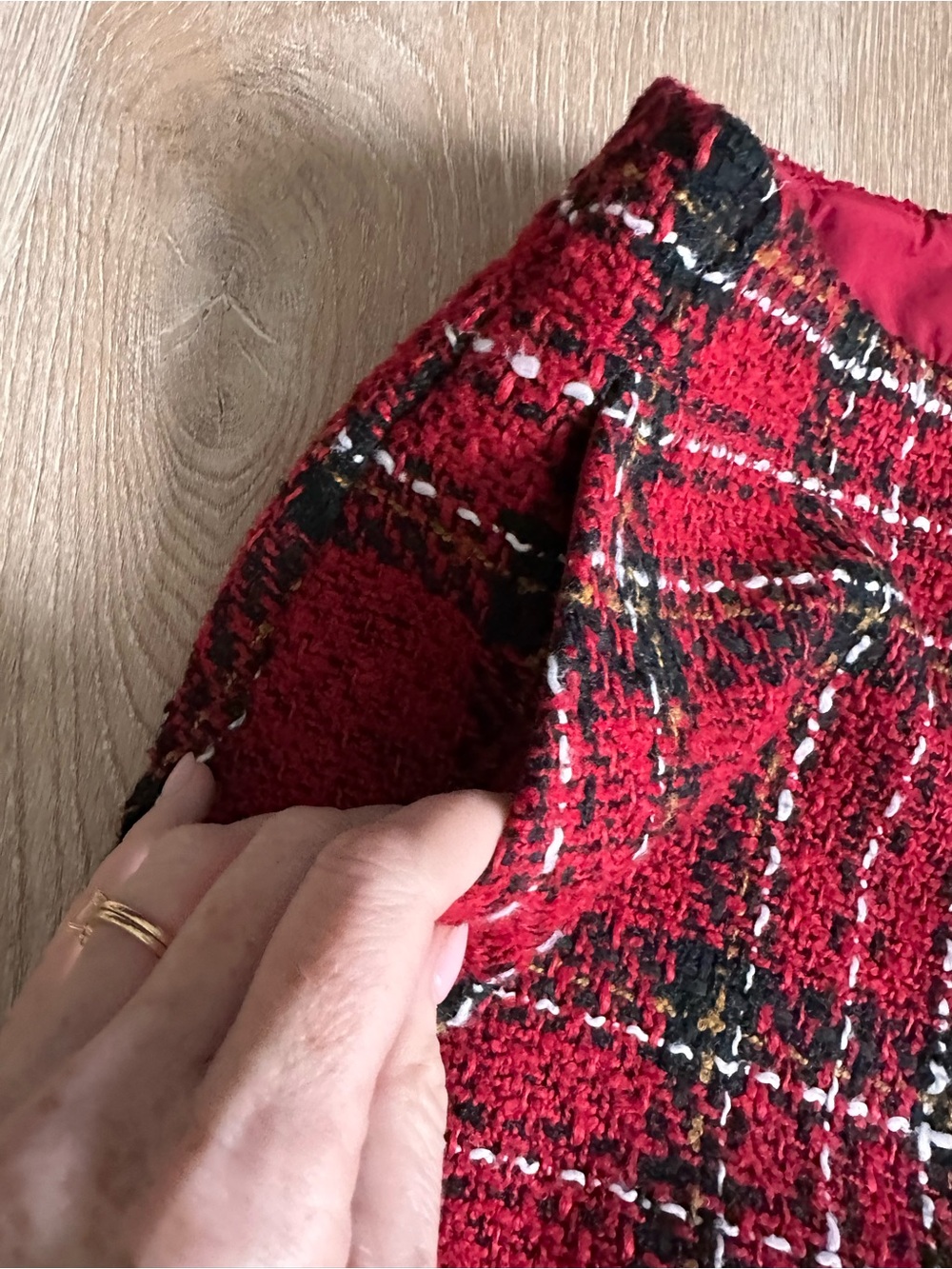 LOFT Red Plaid Tweed Mini Skirt with Black Accents - Picture 2 of 4